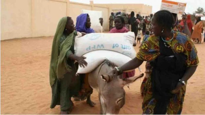 Des femmes repartent avec une aide alimentaire de la part du PAM, dans la région à Gourma Rharous, au Mali